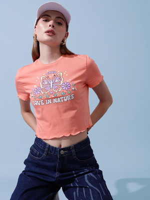 STREET9 Printed Women Round Neck Pink T-Shirt