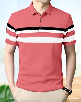 AUSK Striped Men Polo Neck Pink, White T-Shirt