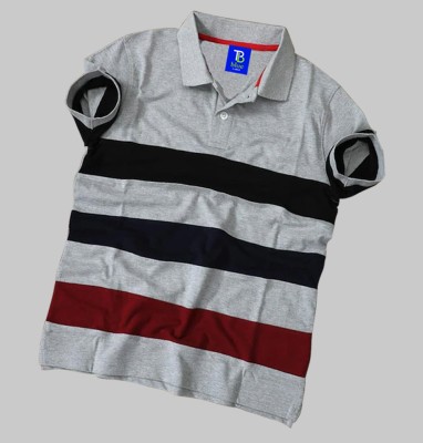 TB Blue Striped Men Polo Neck Grey T-Shirt