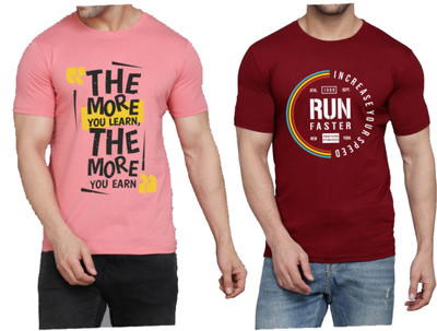 WOOSTRO Printed Men Round Neck Pink, Maroon T-Shirt