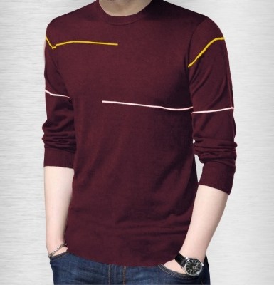 Reya Striped Men Round Neck Maroon T-Shirt