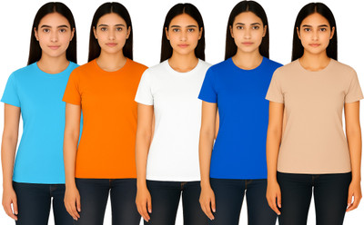 Expert Choice Solid Women Round Neck Multicolor T-Shirt