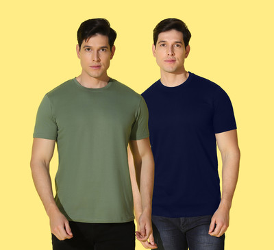 WOOSTRO Solid Men Round Neck Green, Blue T-Shirt