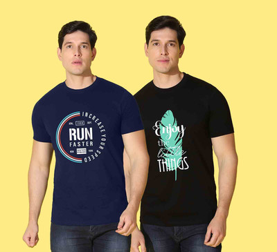 WOOSTRO Printed Men Round Neck Black, Navy Blue T-Shirt