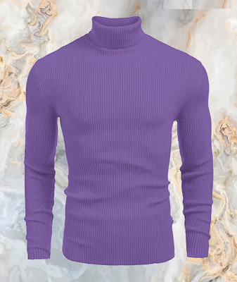 Cat Bunny Self Design High Neck Casual Men Purple Sweater