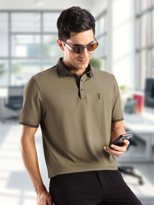 Stellers Solid Men Polo Neck Brown T-Shirt