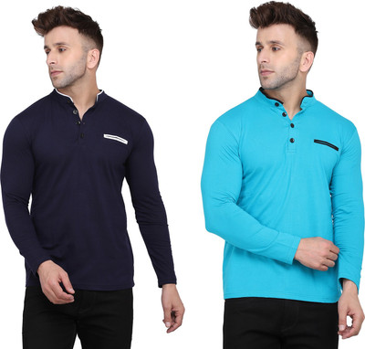 Money Leaf Solid Men Mandarin Collar Dark Blue, Light Blue T-Shirt