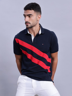 TOMMY HILFIGER Striped Men Polo Neck Navy Blue T-Shirt
