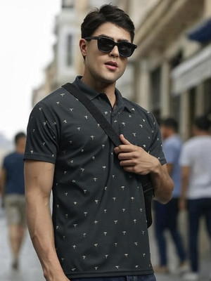 BLISS BOYS Printed Men Polo Neck Dark Green T-Shirt