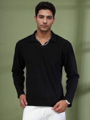 RIGO Self Design Men Polo Neck Black T-Shirt