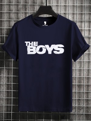 BLIVE Printed Men Round Neck Navy Blue, White T-Shirt