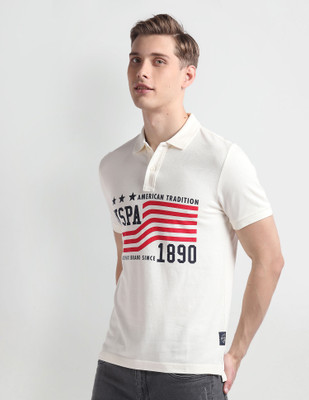 U.S. Polo Assn. Denim Co. Striped, Typography Men Polo Neck White T-Shirt