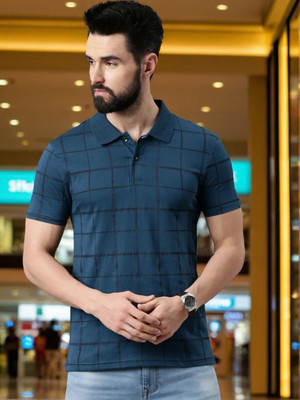 Kryptic Printed Men Polo Neck Dark Blue T-Shirt