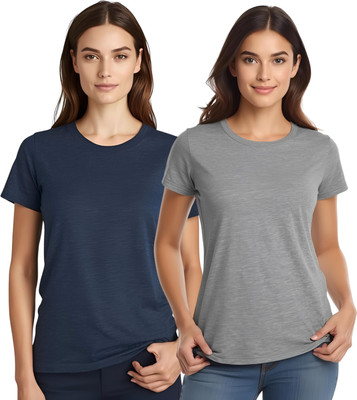 SHARXTRENDS Solid Women Round Neck Navy Blue, Grey T-Shirt