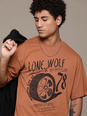 Roadster Printed Men Round Neck Brown T-Shirt