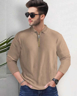 ABHYAMM Self Design Men Zip Neck Brown T-Shirt