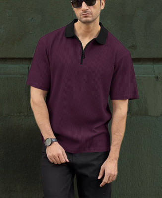 AZIZANFASHION Solid Men Polo Neck Purple T-Shirt