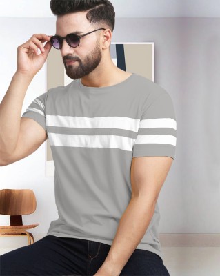 AOOSH Striped Men Round Neck Grey, White T-Shirt