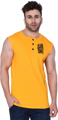 Money Leaf Printed Men Henley Neck Beige T-Shirt