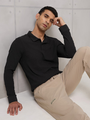 TECHNOSPORT Self Design Men Polo Neck Black T-Shirt