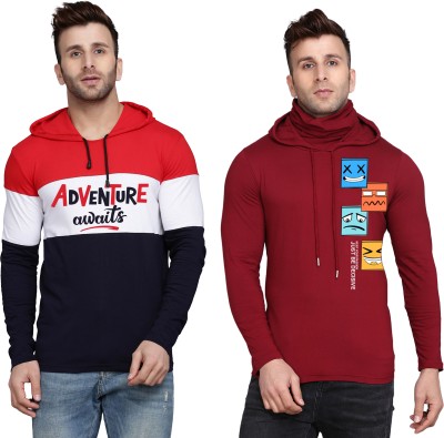 SLOWLORIS Printed Men Hooded Neck Red, Maroon T-Shirt