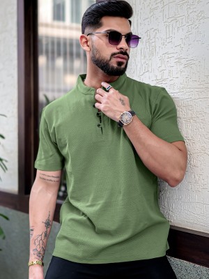 MANIAC Solid Men Mandarin Collar Green T-Shirt