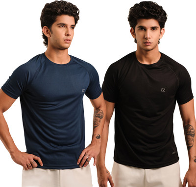 Sirtex Eazy Solid, Printed Men Round Neck Blue, Black T-Shirt