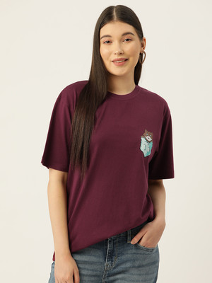 SLENOR Printed Women Round Neck Maroon T-Shirt