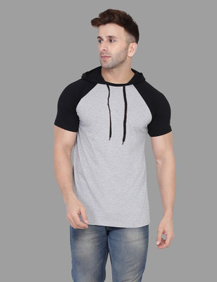 BEYOU FASHION Colorblock Men Hooded Neck Grey, Black T-Shirt