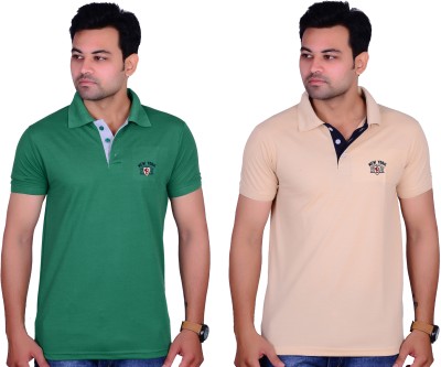 Cousin's Solid Men Polo Neck Beige, Green T-Shirt