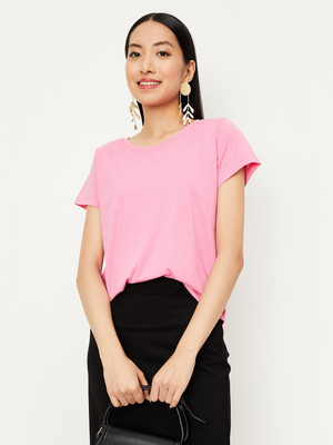 MAX Solid Women Round Neck Pink T-Shirt