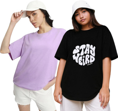 R S Fashion Printed Women Round Neck Purple, Black T-Shirt