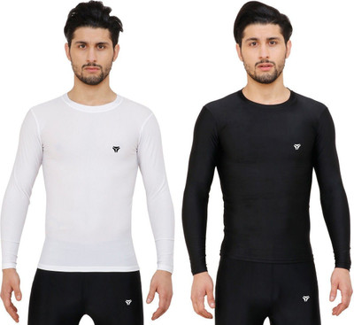 Kyk Solid Men Round Neck White, Black T-Shirt