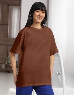 JUNEBERRY Solid Women Round Neck Brown T-Shirt