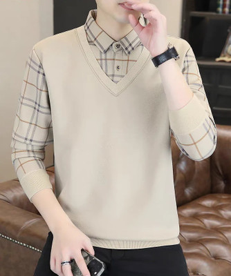 DLooK Designer Checkered Men Polo Neck Beige T-Shirt