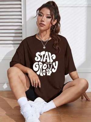 Denzolee Printed Women Round Neck Brown T-Shirt