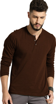 LazyChunks Solid Men Henley Neck Brown T-Shirt