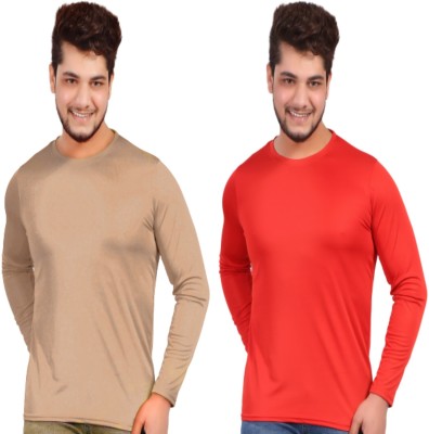 KASPY Solid Men Round Neck Beige, Red T-Shirt