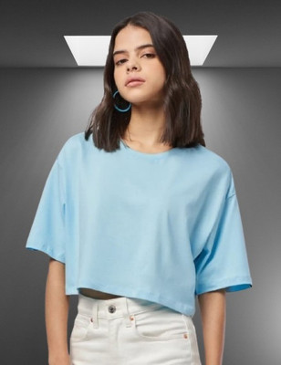 EKENIYA Solid Women Round Neck Light Blue T-Shirt