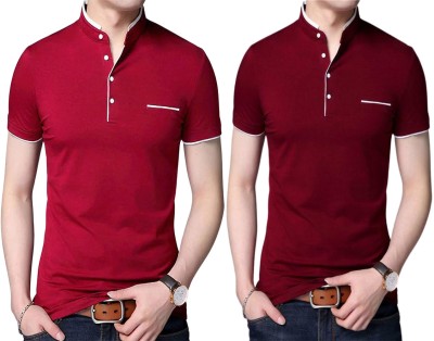 Yezi Solid Men Mandarin Collar Red, Maroon T-Shirt