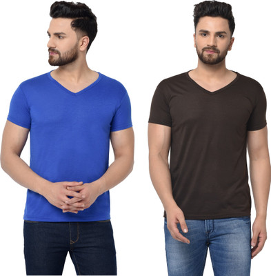Adorbs Trend Solid Men V Neck Blue, Brown T-Shirt