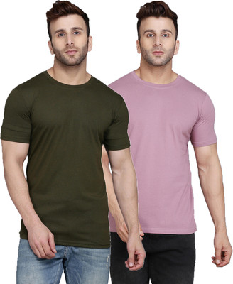 SLOWLORIS Solid Men Round Neck Pink, Green T-Shirt