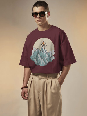 Senotex Graphic Print Men Round Neck Maroon T-Shirt