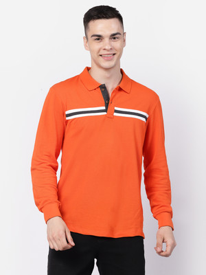 KALT Striped Men Polo Neck Orange T-Shirt