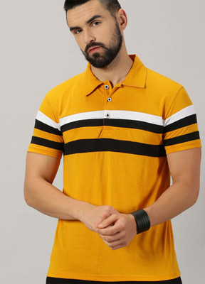 AUSK Striped Men Polo Neck Yellow T-Shirt