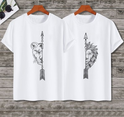 PARA HILLS Printed Couple Round Neck White T-Shirt