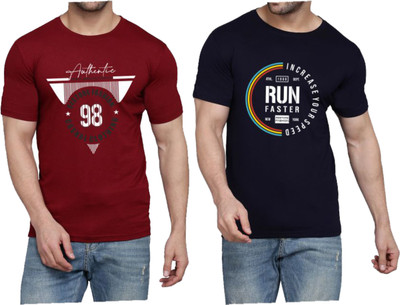 WOOSTRO Typography Men Round Neck Maroon, Dark Blue T-Shirt