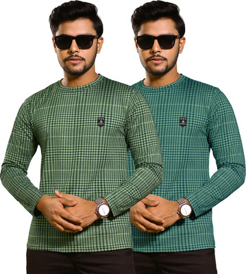 AVOLT Checkered Men Round Neck Green, Dark Green T-Shirt