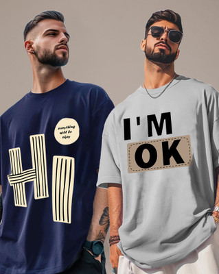 ENITOR Printed Men Round Neck Navy Blue, Grey T-Shirt