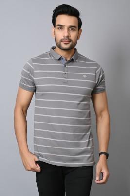 Arbour Striped Men Polo Neck Grey T-Shirt